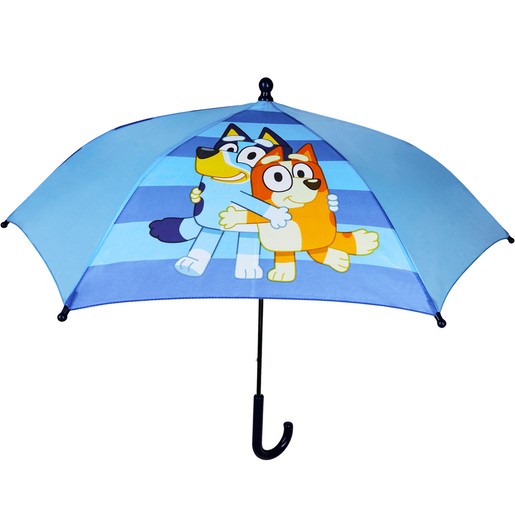 A light blue umbrella featuring Bluey and Bingo characters, with a striped pattern and a black hook handle.