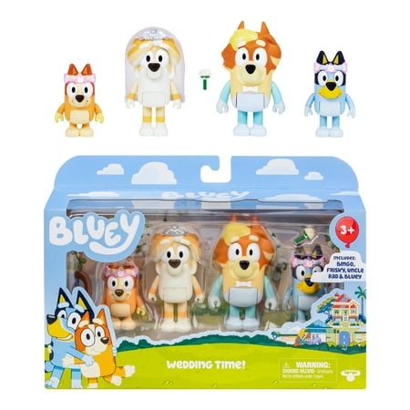 Four colorful figures from Bluey, including Bluey in a wedding dress, Bingo in a flower crown, and two other characters, packaged in a clear box with a scenic background.