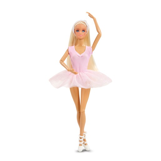 Ballerina doll with long blonde hair, wearing a pink leotard and a fluffy pink tutu, posed gracefully with one arm raised, and white ballet slippers on her feet.