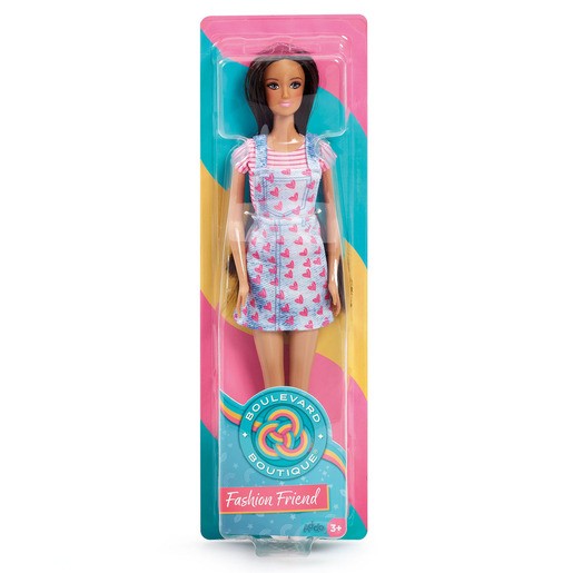 Fashion Friend Doll dressed in a light blue dress with pink hearts, featuring long brown hair and packaged in a colorful box with a pink and yellow design.