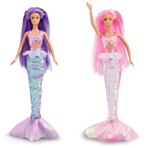 Two mermaid dolls with colorful long hair, one in purple and the other in pink, each wearing a sequined tail and a bow top, showcasing iridescent scales.