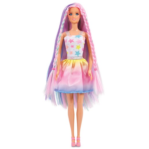 Rainbow Friend Doll features long, multi-colored hair, a star-patterned top, and a pastel ombre skirt, complemented by pink shoes and a cheerful expression.