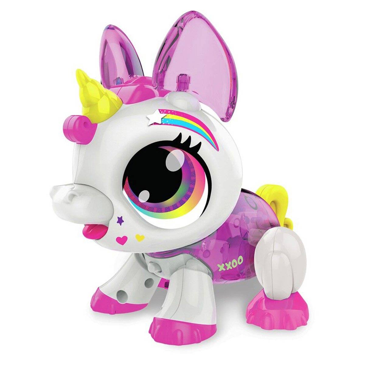 Colorful buildable unicorn pet with a white body, purple translucent ears, a yellow horn, and large expressive eyes, featuring a rainbow design and various customizable parts.
