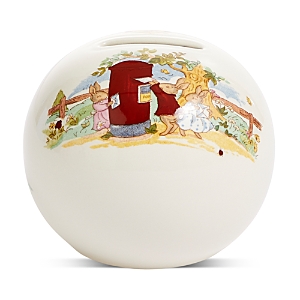 Ceramic money bank featuring a round shape, decorated with colorful illustrations of bunnies and a red postbox against a pastoral background.