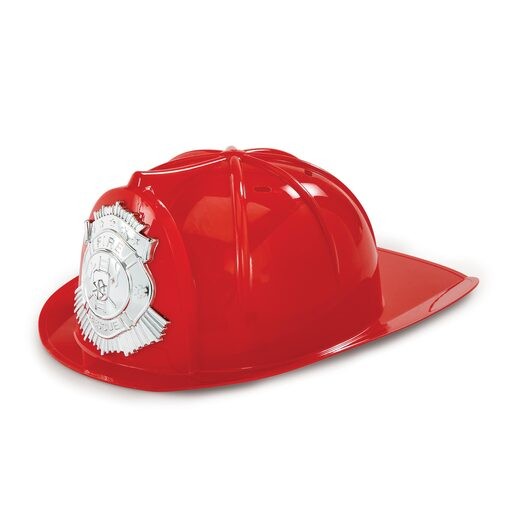 Bright red firefighter's helmet made of shiny plastic, featuring a silver badge on the front and a classic rounded shape with ridges on top.