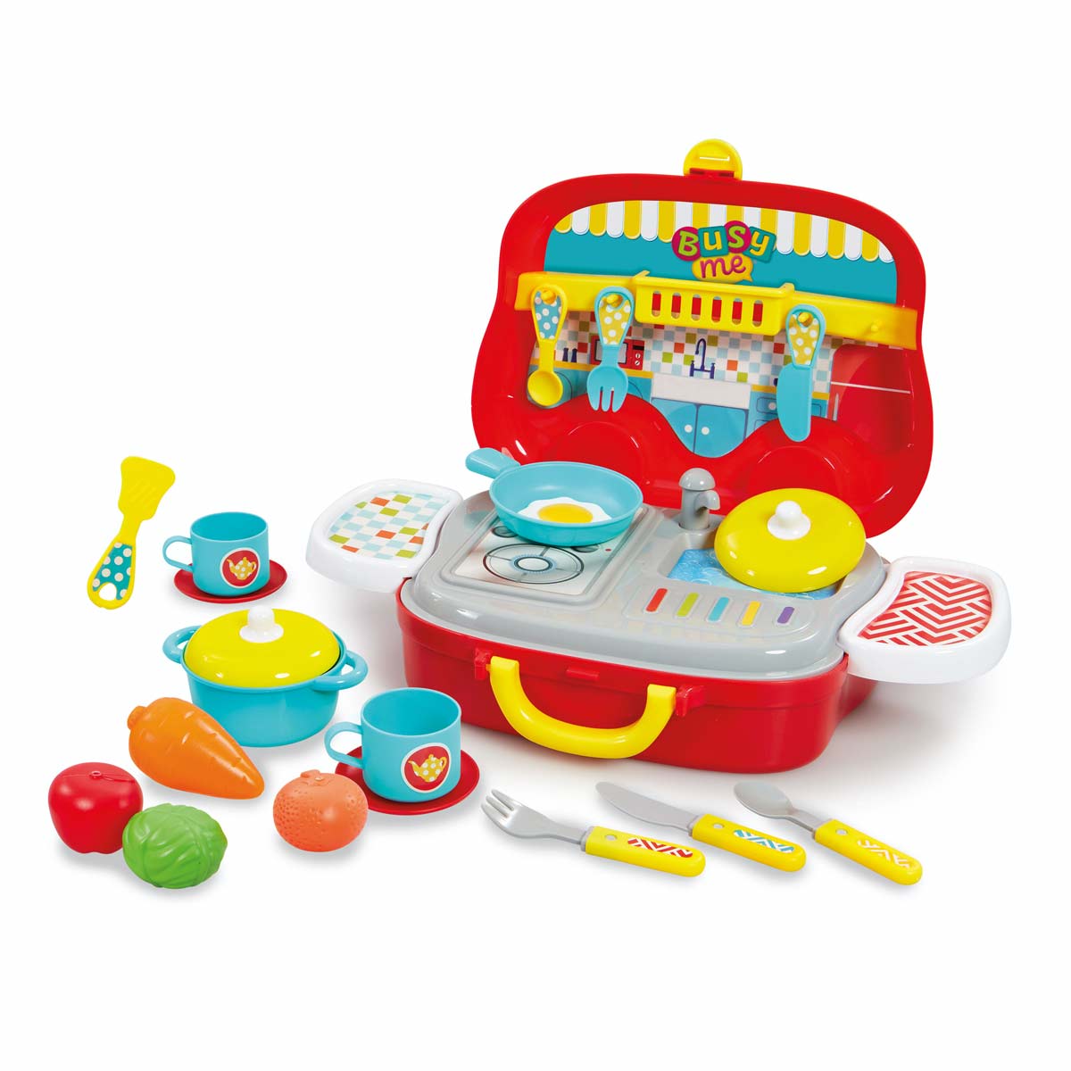 Brightly colored toy kitchen set featuring a red case, blue and yellow cookware, utensils, and food items like a carrot, orange, and green vegetables, promoting imaginative play.