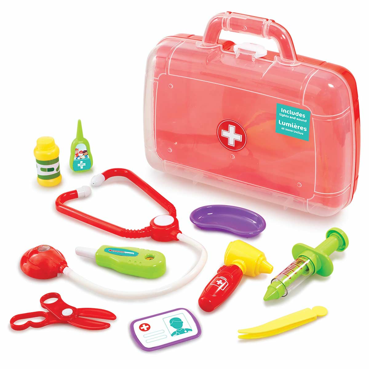 Bright red plastic medical case with a white cross, containing colorful toy medical tools including a stethoscope, syringe, scissors, and bottles, ideal for imaginative play.