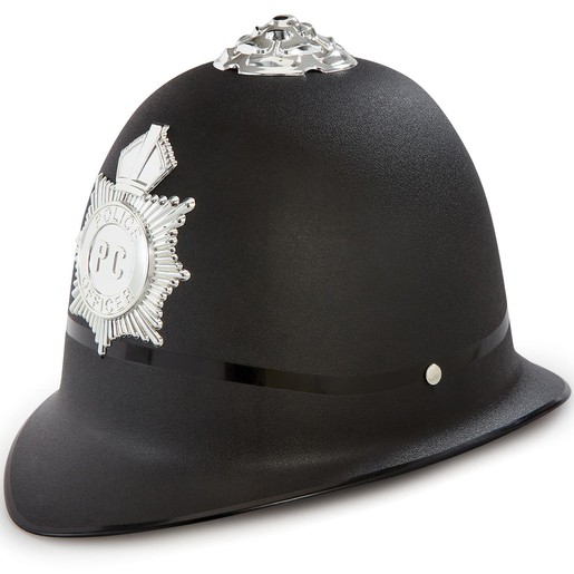 Black police helmet with a shiny silver badge and decorative trim, featuring a classic design and a textured finish, suitable for imaginative play.