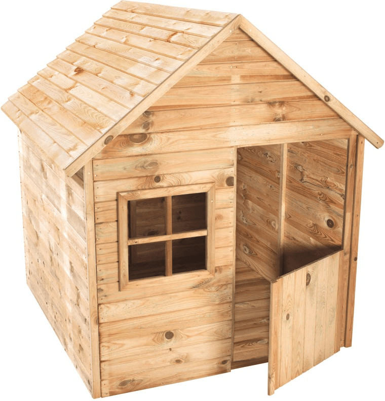 Brown wooden playhouse with a slanted roof, featuring a front door, a window, and natural wood grain texture, ideal for outdoor play.