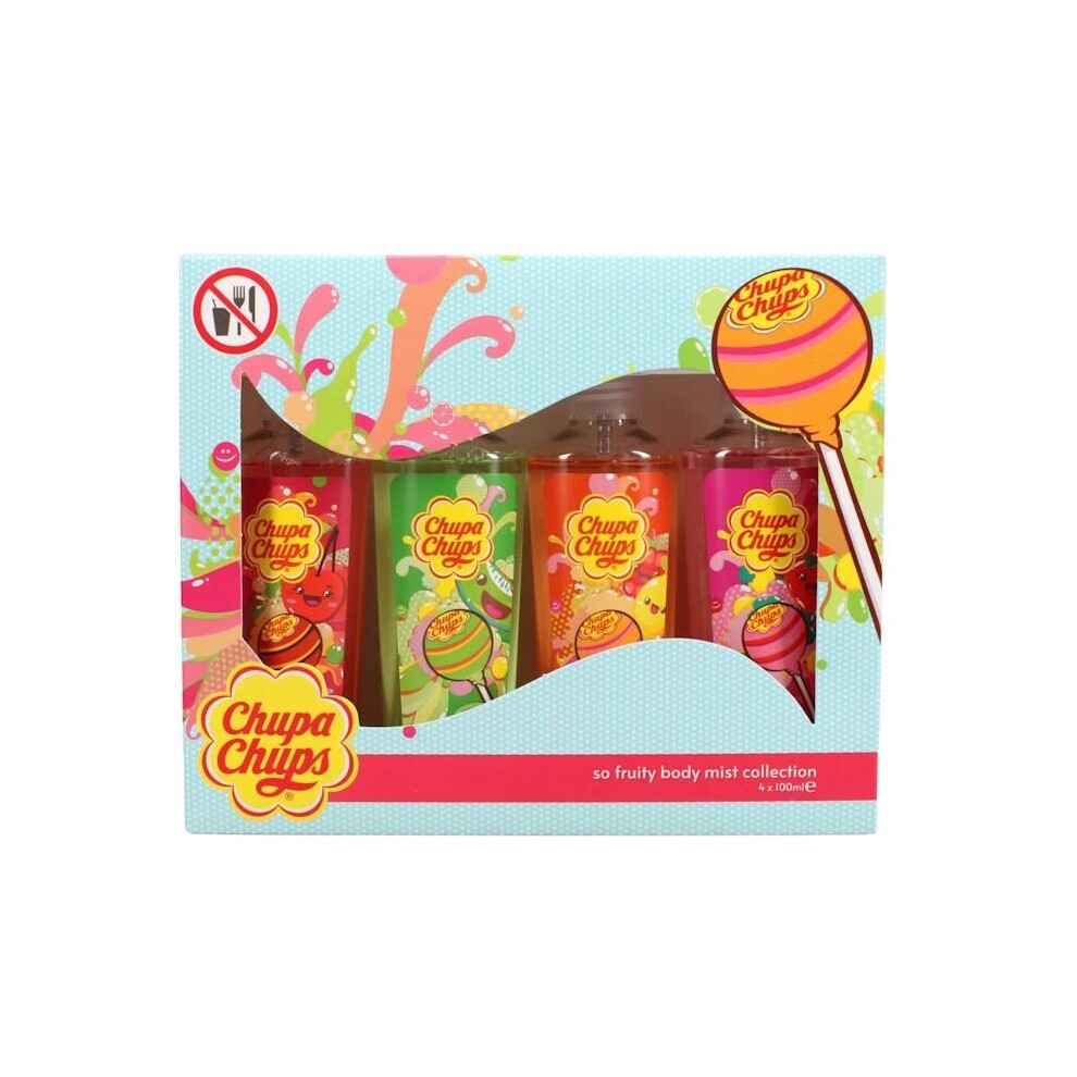 Chupa Chups So Fruity Body Mist Collection featuring four colorful bottles in cherry, melon, tutti frutti, and strawberry scents, presented in a vibrant, playful box.
