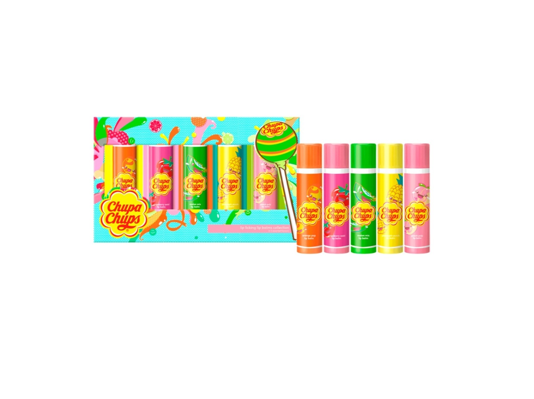 Colorful gift set featuring five assorted Chupa Chups lip balms in vibrant pink, yellow, green, and orange tubes, packaged in a playful, fruity-themed box with a lollipop design.