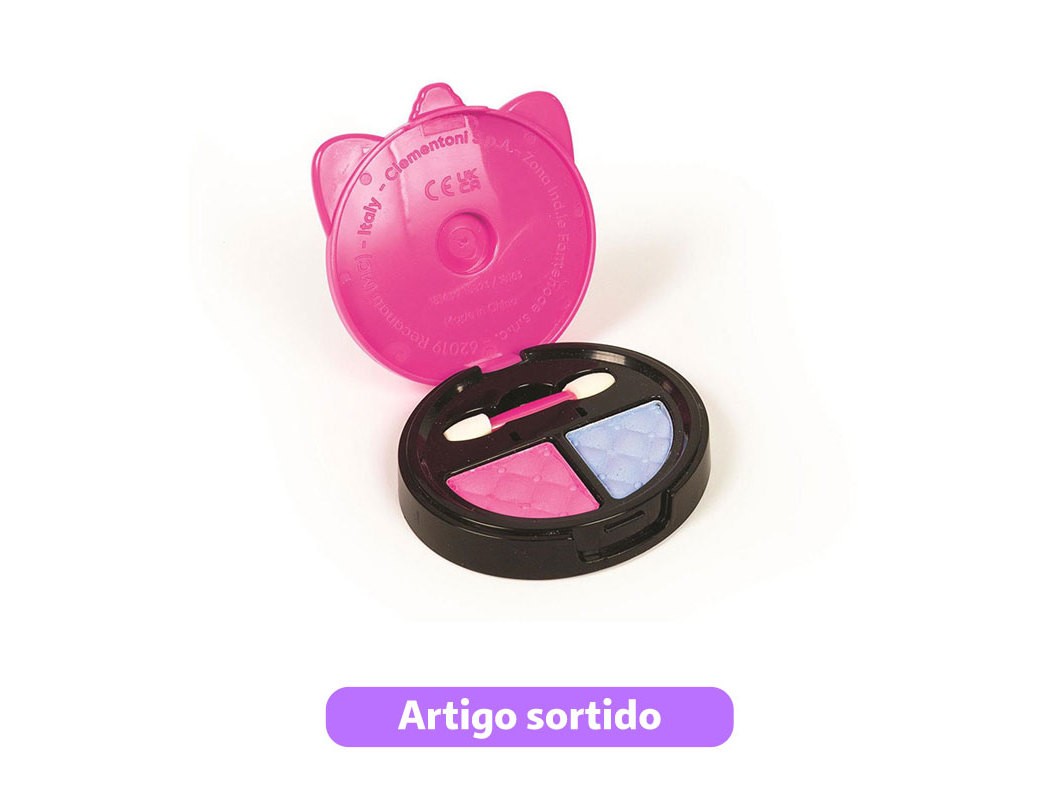 Round compact with a pink cat-ear lid, featuring two eyeshadow shades: a vibrant pink and a soft lavender, set in a black base.