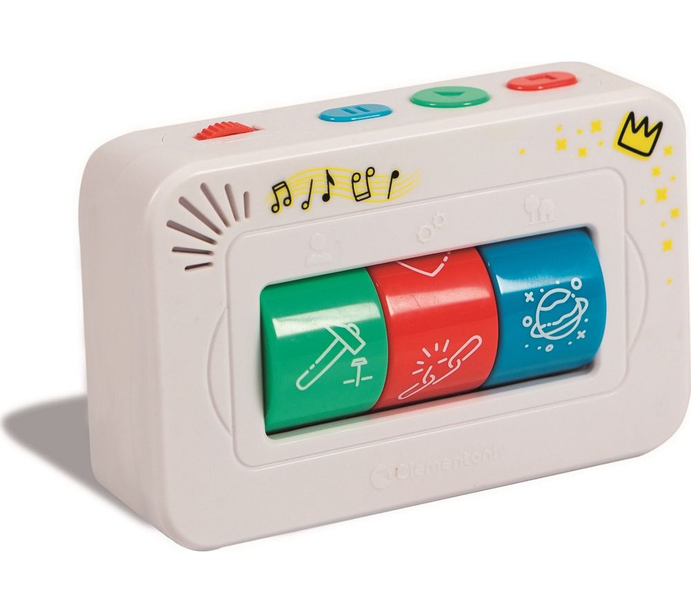 Interactive storyteller in white plastic with three colorful buttons (red, green, blue) and playful graphics, featuring musical notes and a crown design.