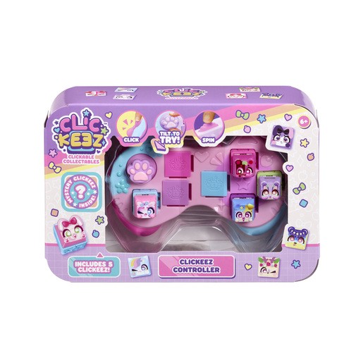 Five-pack of Clickeez Controller Mystery Figures in a colorful box featuring a pink and purple design, with various cute animal characters and clickable elements.