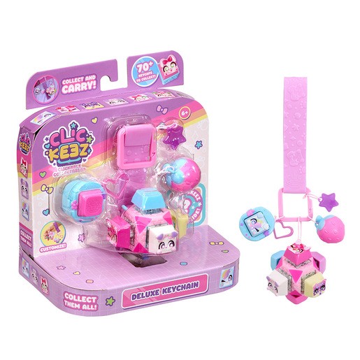 Colorful Clickeez Cube Deluxe Keyring Mystery Figure Pack featuring a pink keychain, various cube figures, and playful character designs, all in a vibrant, collectible packaging.