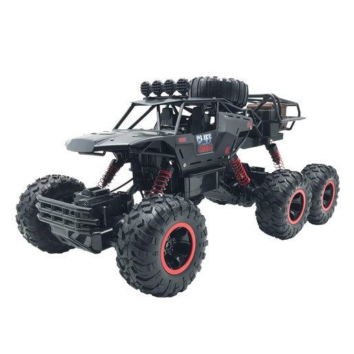 Black 1:10 scale remote control car with six oversized wheels, red accents, rugged tires, a raised body, and a detailed off-road design, featuring a roof-mounted accessory rack.