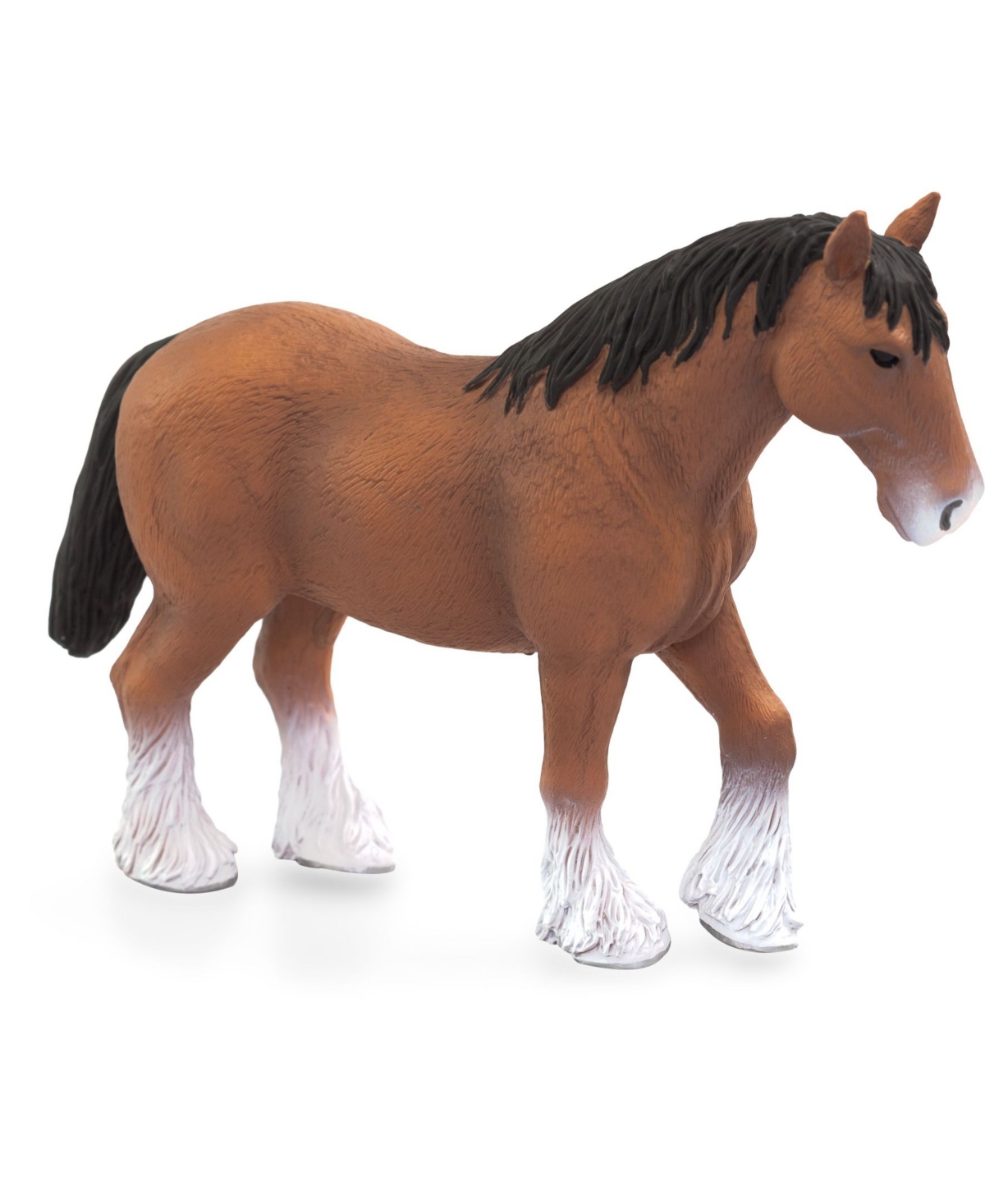 Brown Clydesdale horse model toy figure with a black mane, white facial markings, and distinct white feathering on its lower legs, made of durable plastic.