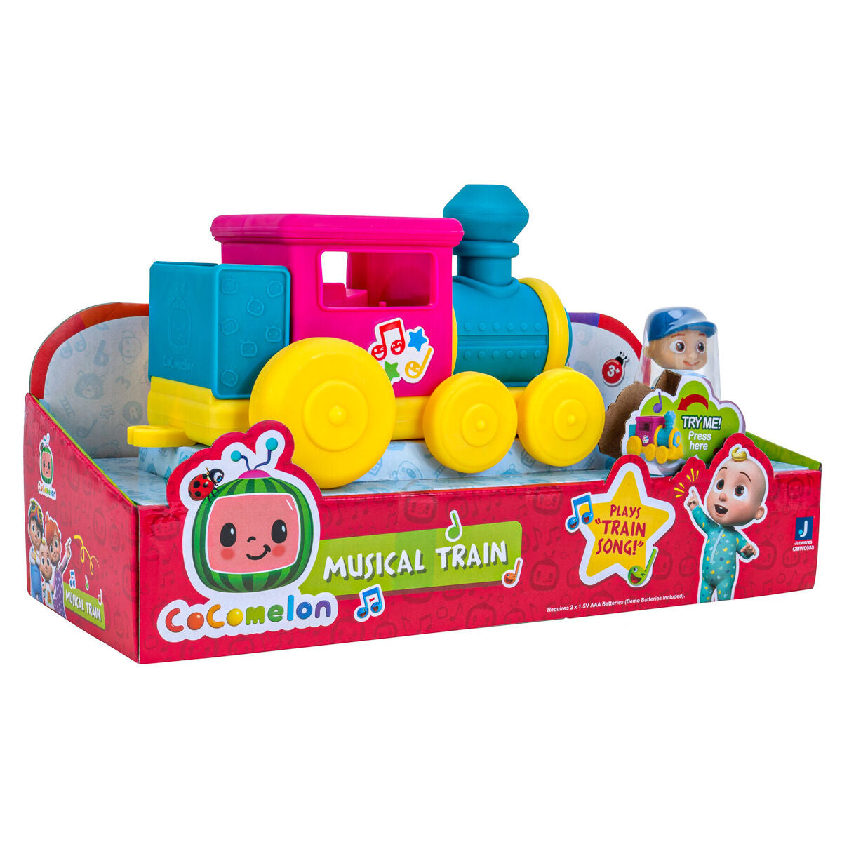 Colorful CoComelon Musical Train in pink and blue, featuring a smiling JJ figure, large yellow wheels, and buttons for playing songs, set against a vibrant packaging backdrop.