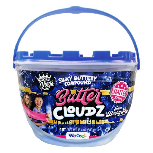 Clear plastic bucket with a blue lid, featuring colorful graphics and a handle, containing blue putty scented like blueberry pie, labeled "Butter Cloudz" and "Limited Edition."