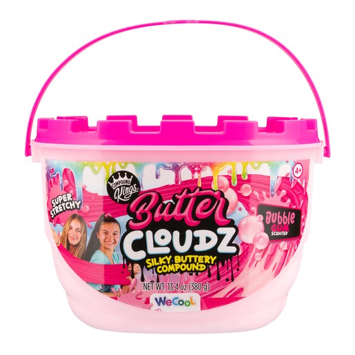 Bright pink bucket with a handle, featuring colorful graphics and the text "Butter Cloudz" and "Bubblegum Scented," containing 13.4 oz of silky, stretchy putty.