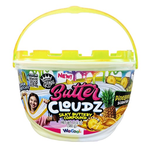 Bright yellow bucket with a green lid labeled "Butter Cloudz" featuring a pineapple scent, showcasing a smiling child and colorful fruit graphics.