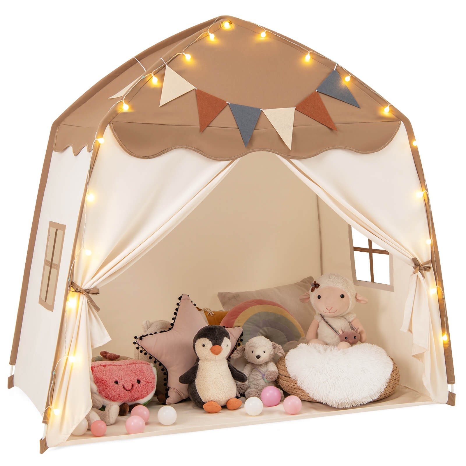 Extra large coffee-colored kids play tent with white fabric, decorative lights, and a festive bunting, featuring plush toys and pillows inside for ages 3-12.
