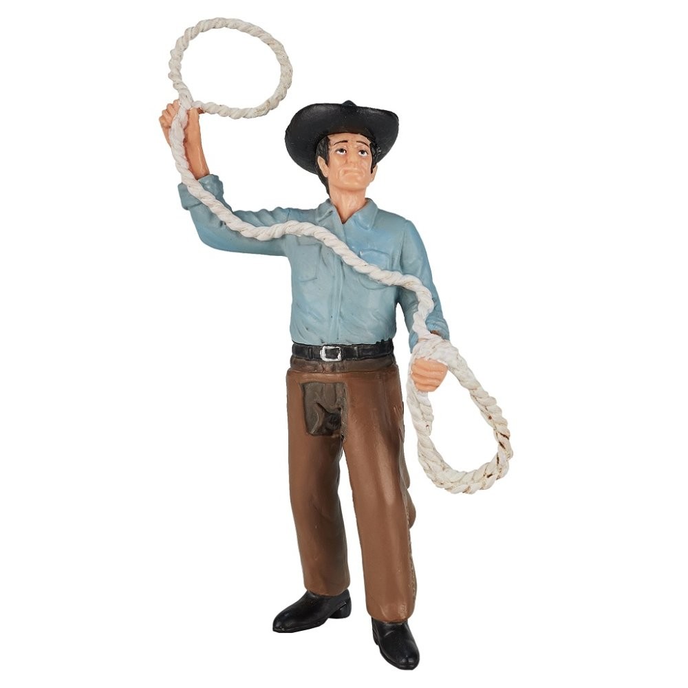 Cowboy figurine in a blue shirt and brown pants, holding a white rope lasso, with a black hat and black boots, made of durable plastic.