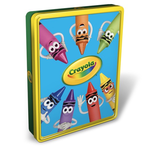 Colorful tin featuring Crayola crayons with animated faces, set against a bright blue background, showcasing a playful design with a yellow and green border.