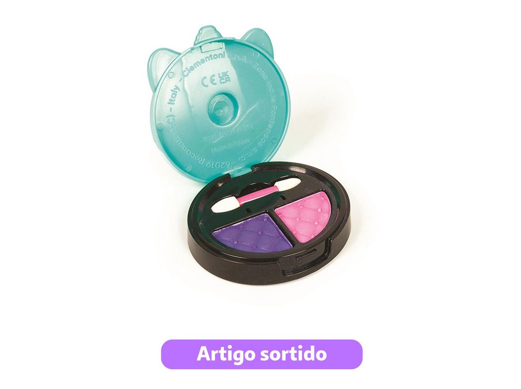 Compact eyeshadow duo featuring a teal cat-shaped case, with one side in vibrant purple and the other in bright pink, designed for fun and playful makeup application.