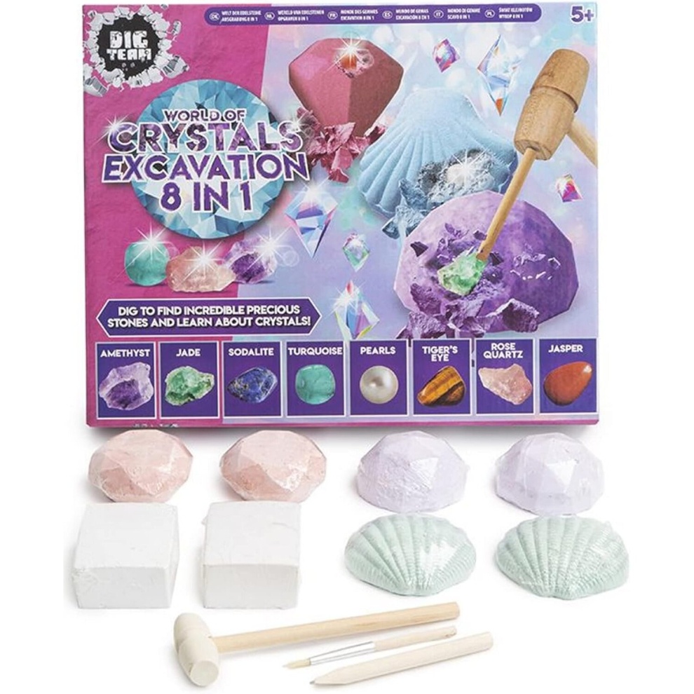 Colorful crystal excavation kit featuring eight types of crystals, including amethyst and rose quartz, with excavation tools and a vibrant box design showcasing the crystals.