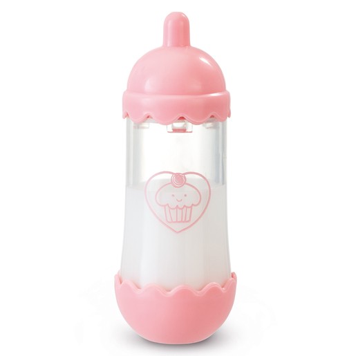 Pink plastic baby bottle with a cupcake design, featuring a clear body, scalloped edges, and a pink lid with a small nipple.