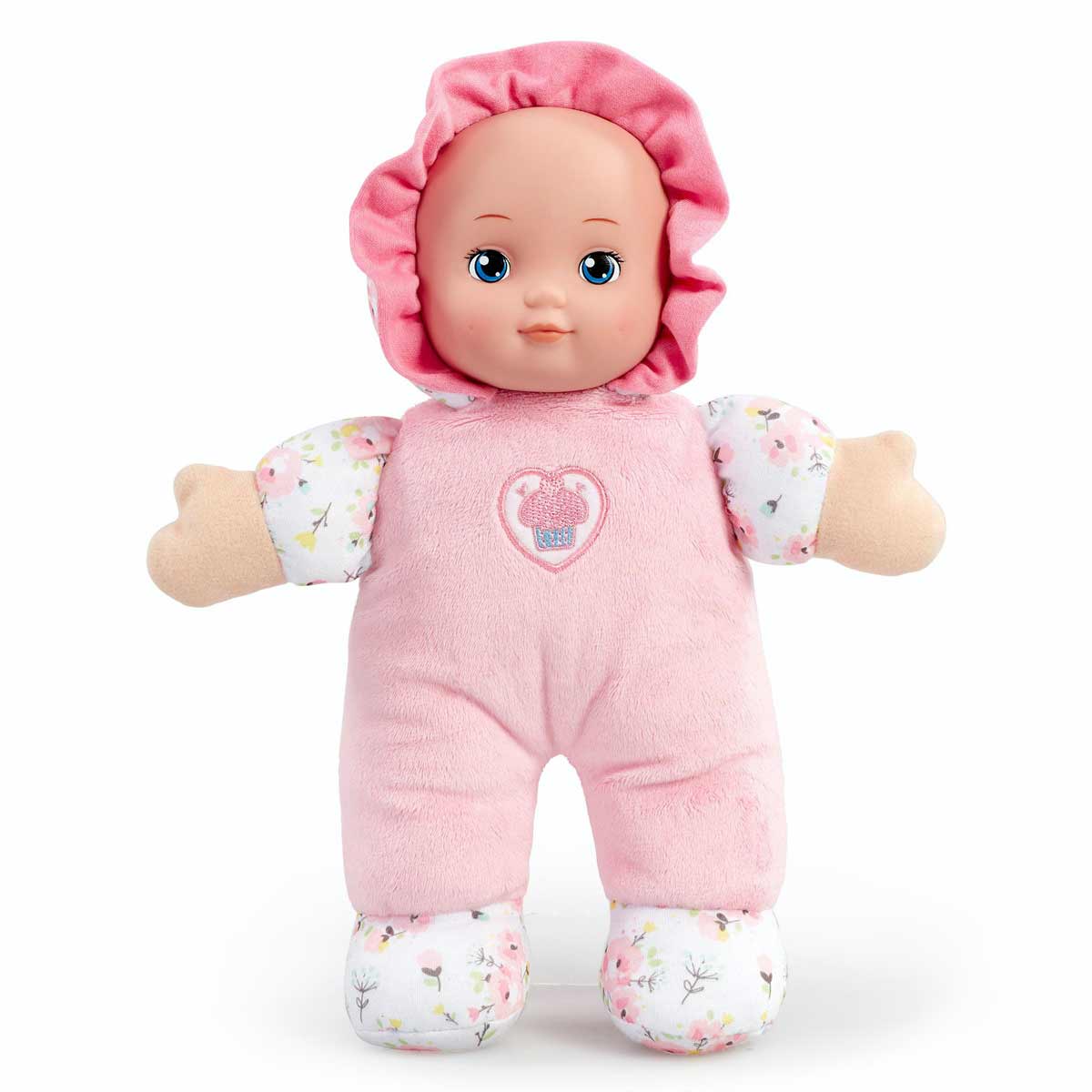 Soft baby doll dressed in a pink outfit with floral patterns, featuring a heart design on the chest and a matching pink bonnet, with blue eyes and a smiling face.
