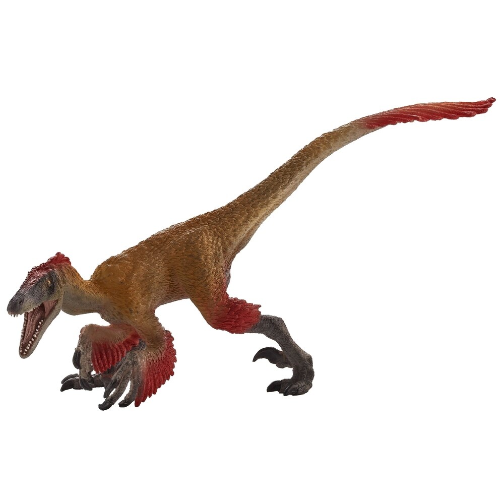 Realistic Deinonychus dinosaur model with a brown body, red crest and feathers on arms, detailed texture, and an open mouth showcasing sharp teeth, made from durable plastic.