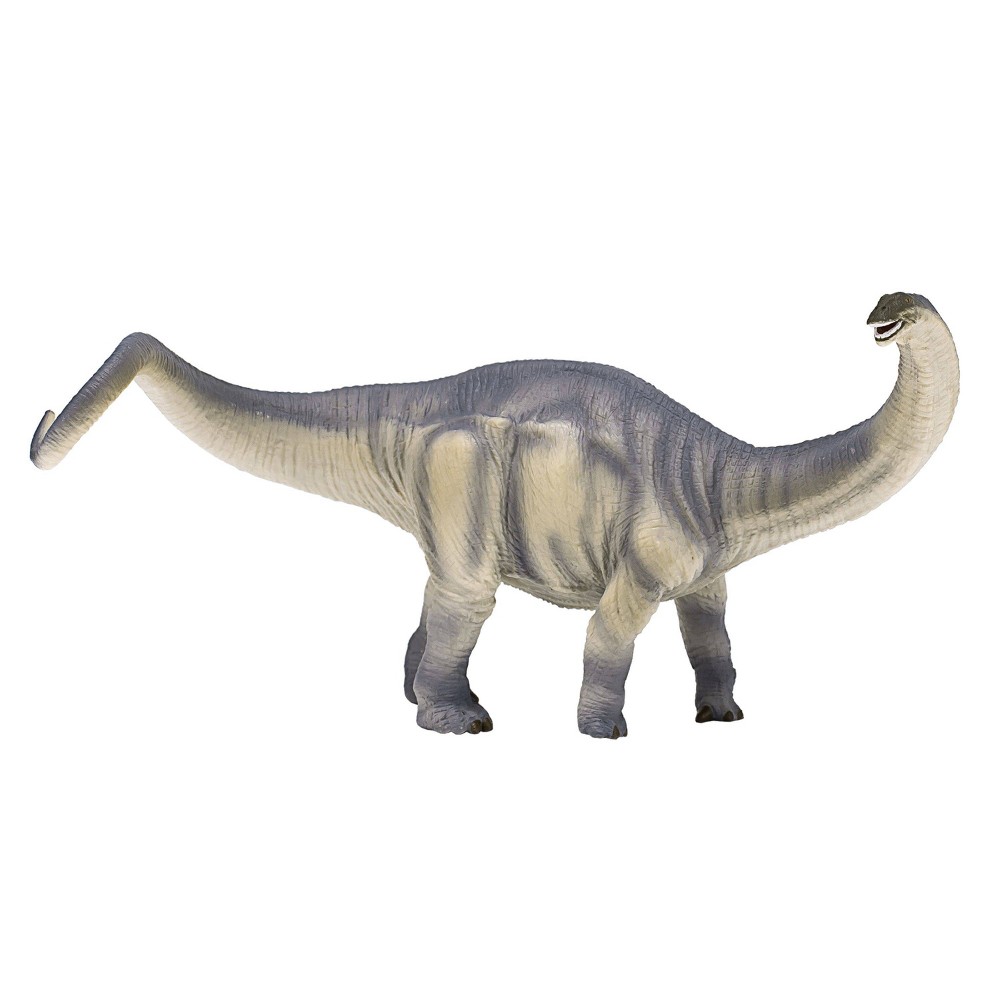 Deluxe grey Brontosaurus toy figure by MojoFun, featuring realistic details, textured skin, and a long neck, designed for children aged 3 years and above.