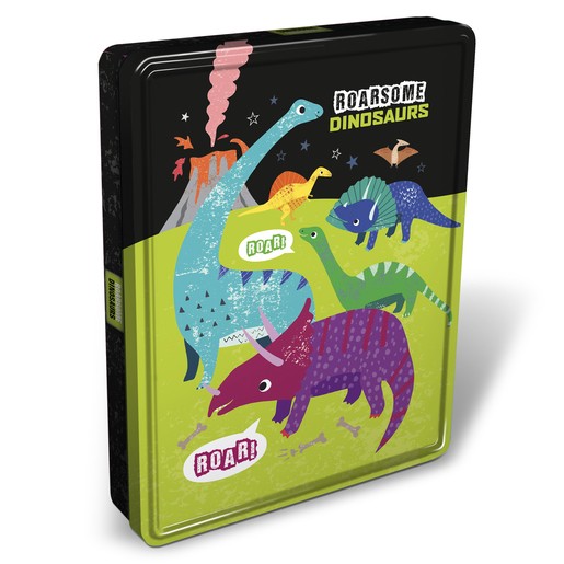 Colorful tin featuring cartoon dinosaurs in vibrant hues of green, purple, and blue, with a volcano and "Roarsome Dinosaurs" text on a bright green background.