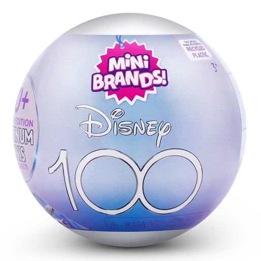 A shiny, round capsule in pastel blue and white, featuring the text "Disney 100" and "Mini Brands!" in bold pink, made from recycled plastic, with a warning label on the bottom.