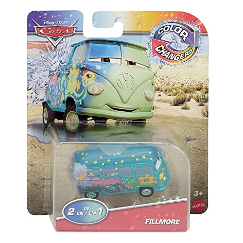 Disney Cars Fillmore Colour Changers Vehicle features a light green van with colorful flower designs, packaged in a clear plastic blister with a vibrant background.