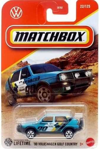 Blue and yellow die-cast model of a Volkswagen Golf Country, featuring a sleek design with racing decals, packaged on a vibrant card with a desert background.
