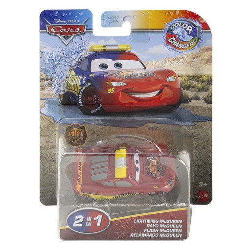 Rescue Lightning McQueen toy vehicle in red and yellow, featuring water-splash design, packaged with vibrant graphics and labeled as a color changer, suitable for ages 3 and up.