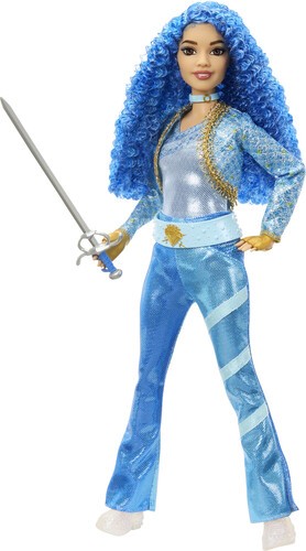 Chloe Charming doll features vibrant blue curly hair, a shiny blue outfit with gold accents, and holds a silver sword, embodying a stylish and adventurous character.