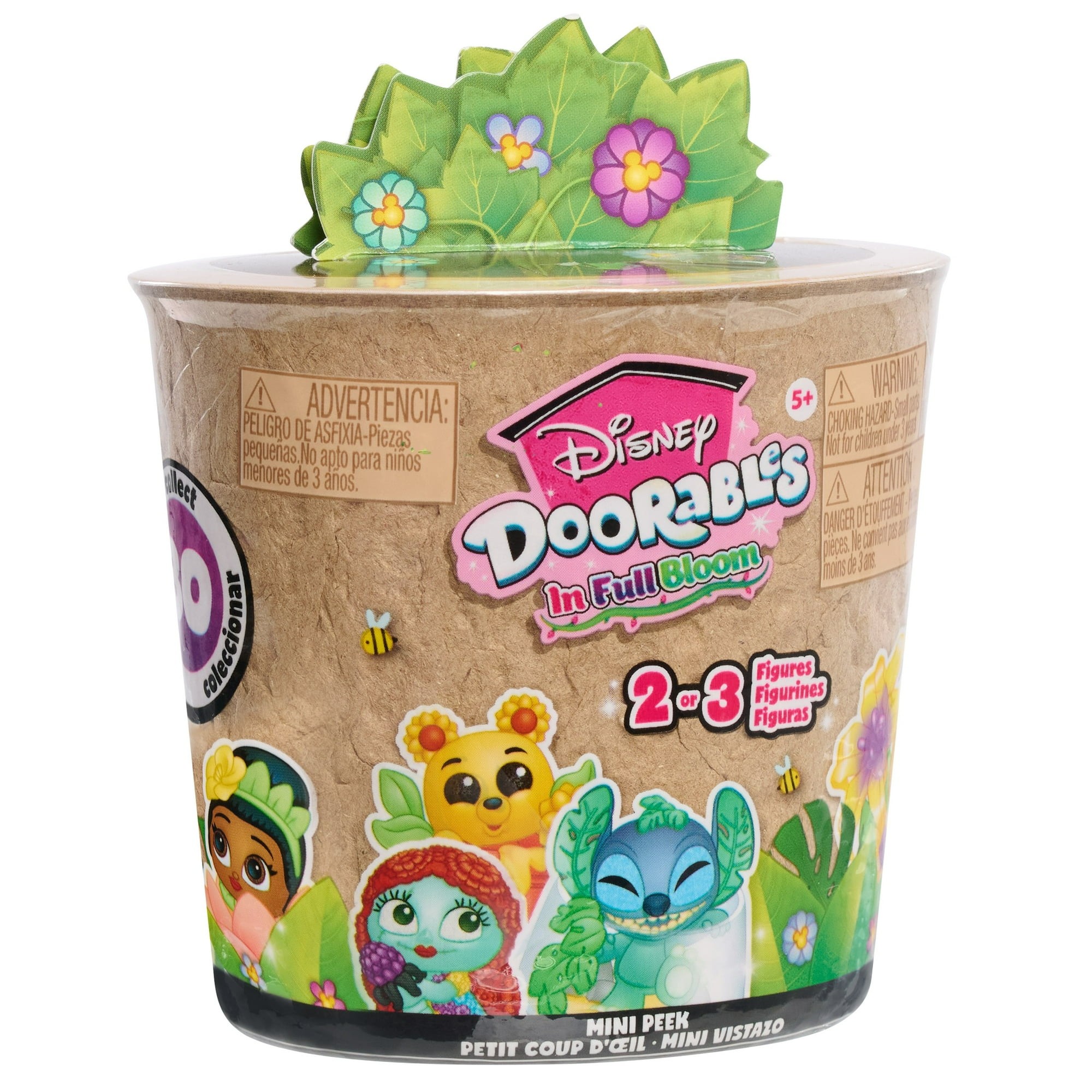 Disney Doorables mini figures in a floral-themed container featuring vibrant colors, a textured cardboard base, and a leafy lid adorned with colorful flowers and characters.