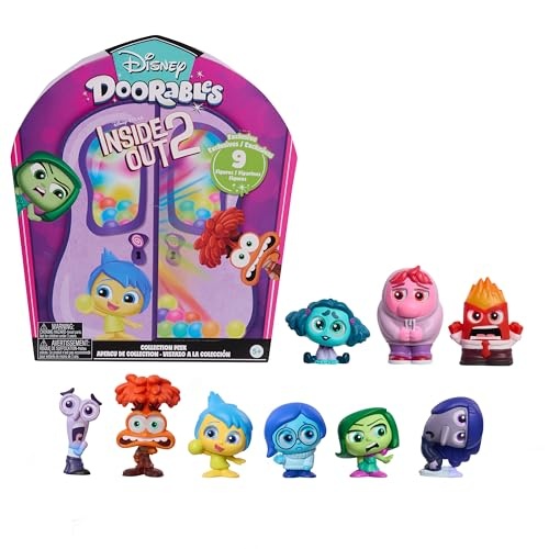 Colorful 9-piece mystery figure pack featuring characters from Disney's Inside Out, including Joy, Sadness, Anger, and others, in various vibrant colors and playful designs.