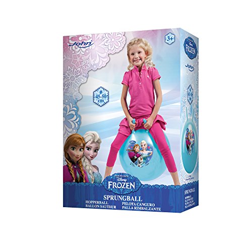 Bright blue Disney Frozen 2 hopper ball featuring characters Elsa and Anna, with a girl in pink clothing bouncing on it, packaged in a colorful box with snowflake designs.