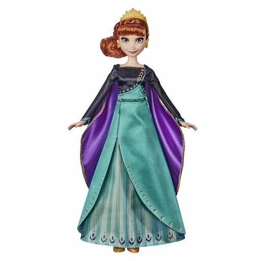 Disney Frozen 2 Musical Adventure Anna Doll features a brunette doll in a teal and purple gown, with a gold crown, intricate detailing, and a musical feature for interactive play.