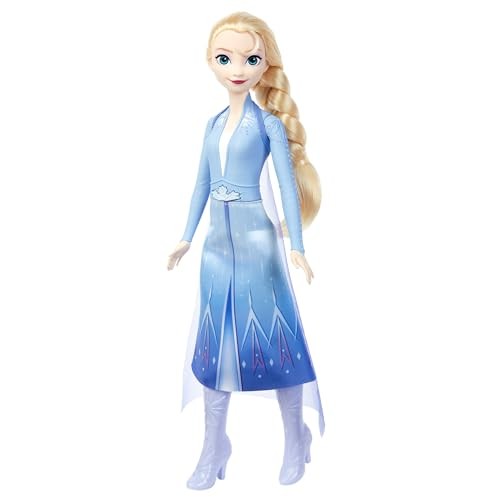 Disney Frozen Singing Adventure Elsa Doll features a blonde braid, a shimmering blue gown with snowflake designs, and matching blue boots, capturing the character's magical essence.
