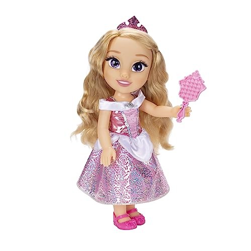 35cm toddler doll of Disney Princess Aurora, featuring long blonde hair, a pink and silver dress with a shiny skirt, and holding a pink mirror, wearing matching pink shoes.