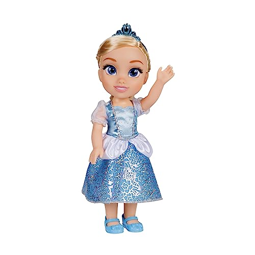 Large Cinderella doll with blonde hair, blue eyes, wearing a shimmering blue gown and matching shoes, featuring a tiara and a friendly waving pose.