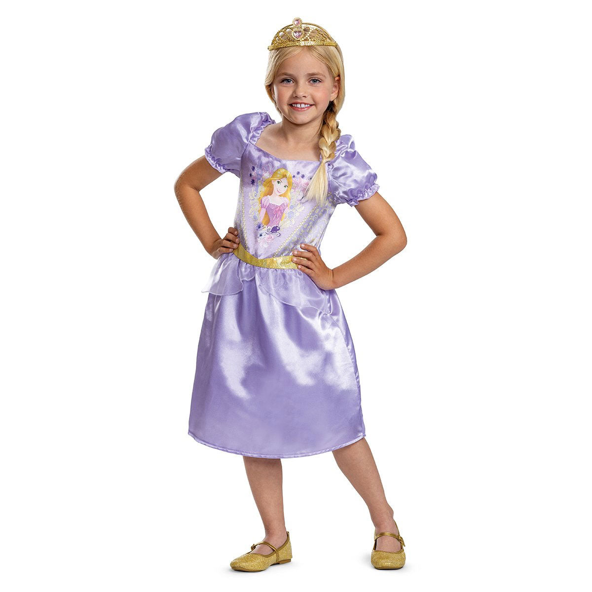 Purple satin dress with puffed sleeves, featuring a printed Rapunzel design, a gold belt, and a matching tiara, perfect for young fans of Disney Princesses.