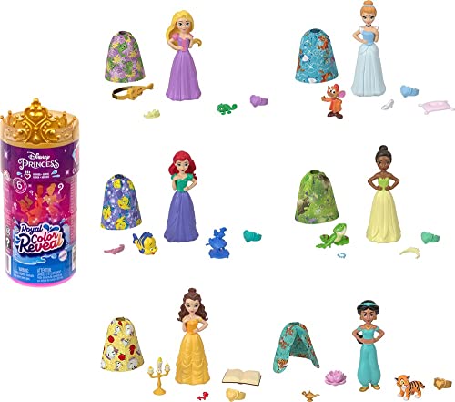 Colorful Disney Princess dolls in various outfits, including Rapunzel, Cinderella, Ariel, Tiana, Jasmine, and Belle, with accessories and surprise color reveal elements.