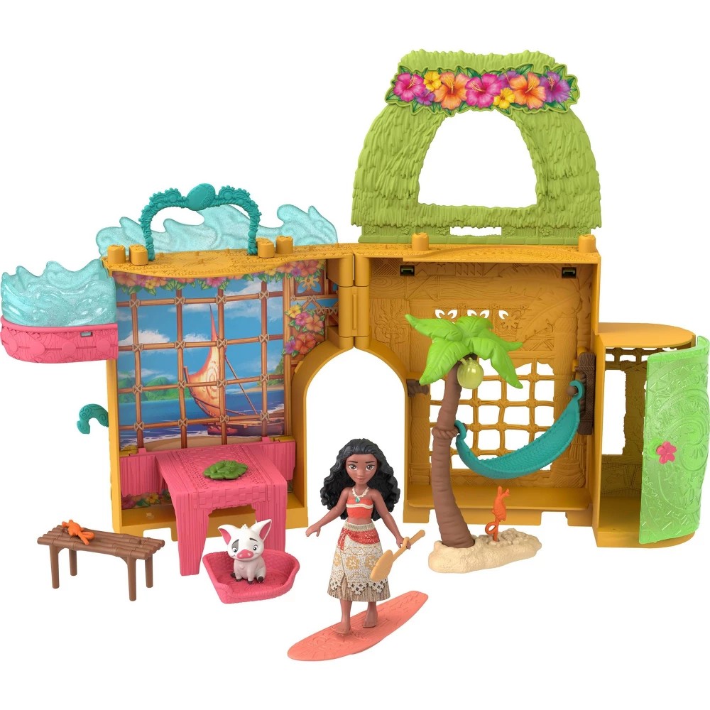 Colorful playset featuring Moana with a surfboard, a palm tree, a table, and a decorative green roof, showcasing vibrant details and textures inspired by Moana's island home.